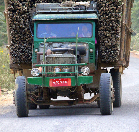 One of Myanmar's bizarre trucks with a load of bamboo.