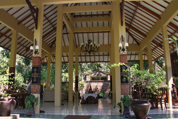 The wonderful outdoor lobby of our hotel near Borobodur